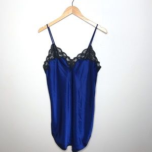 INTERLUDES Vtg Blue Satin Lace Chemise Slip Dress Medium